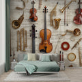 Musical instrument wallpaper in modern living room showing classical instruments against sheet music background