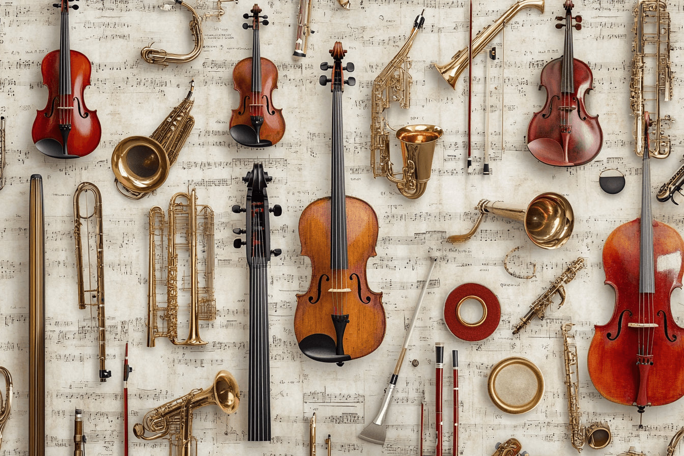 Design file showing detailed classical instruments and sheet music pattern