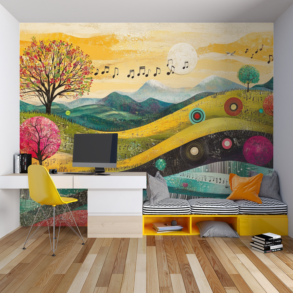 Music landscape wallpaper in modern teen bedroom showing colorful mountains and floating musical notes