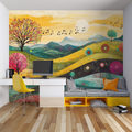 Music landscape wallpaper in modern teen bedroom showing colorful mountains and floating musical notes