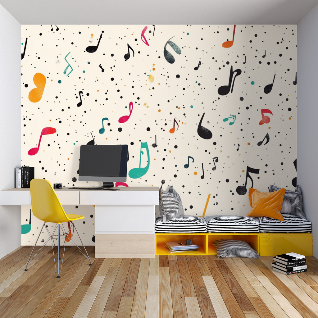 Music themed wallpaper adding character to a teenage room with study area