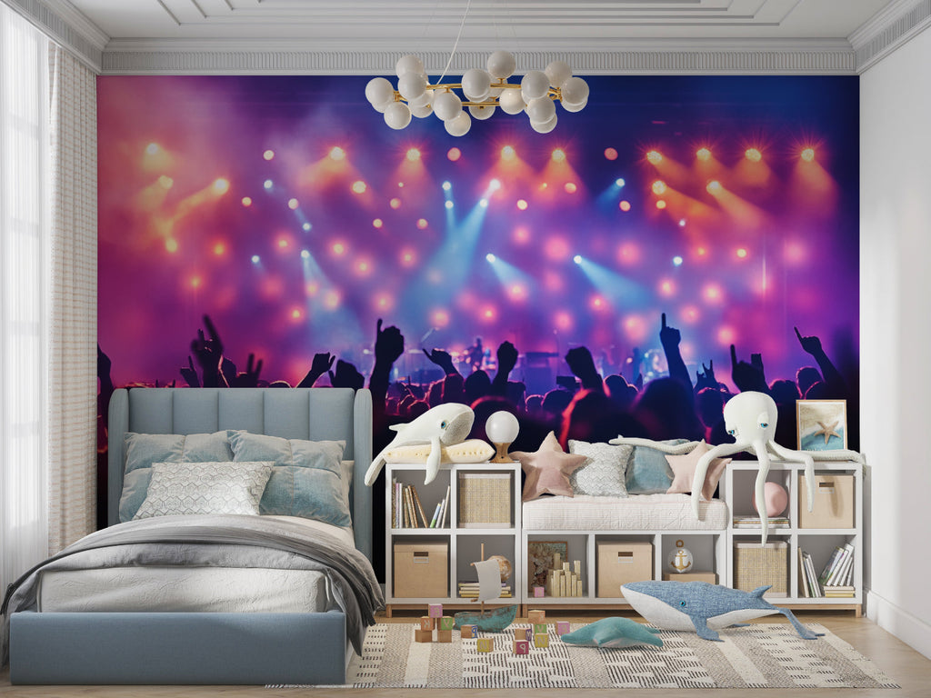 Music venue inspired wall design in basement bar area showing stage lights