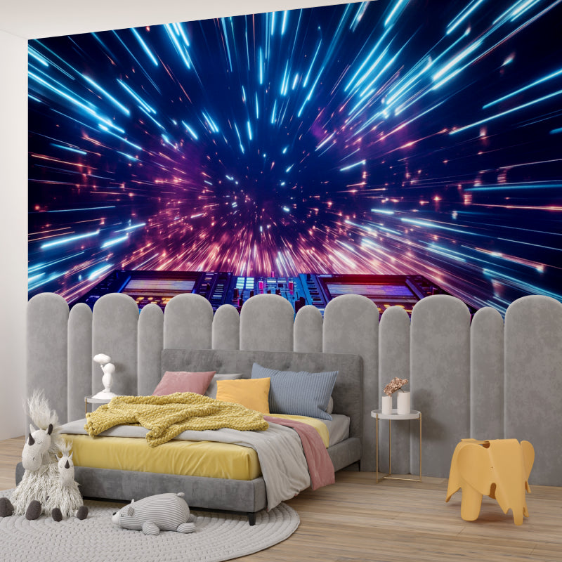 Music themed wallpaper with neon DJ console creating electric atmosphere in modern teen bedroom
