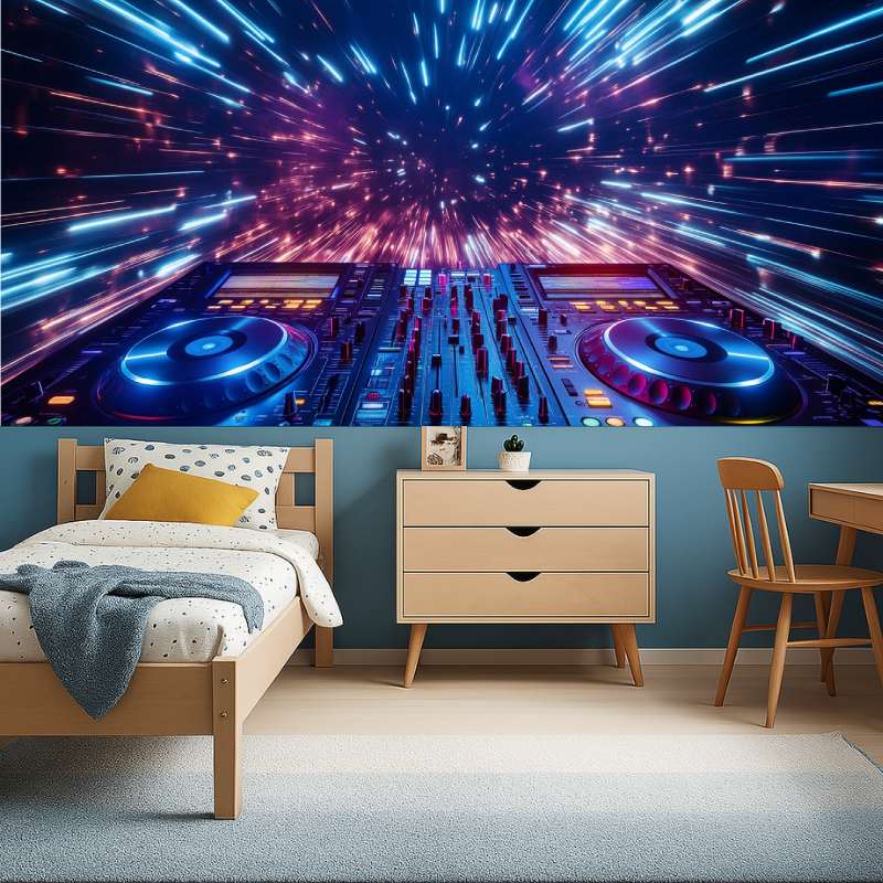 DJ console wall mural with dynamic neon lights brightening up a home studio space
