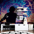 DJ spiral light show mural wallpaper creating atmosphere in modern teen bedroom with LED accent lighting