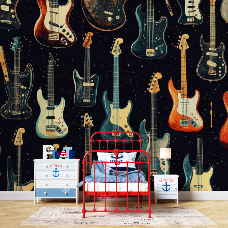 Electric guitar wall mural styled in modern teen bedroom with LED lighting and music equipment