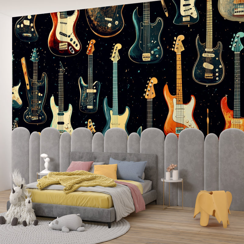 Guitar collection wallpaper in home music studio with recording equipment and instruments