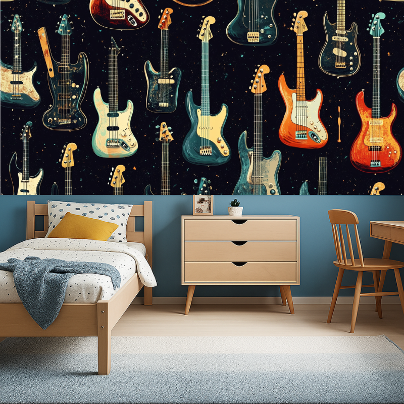 Rock and roll wallpaper mural in man cave with guitar display and leather furniture
