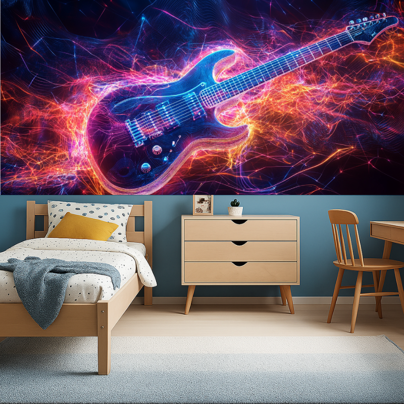 Neon guitar wallpaper creating atmosphere in game room