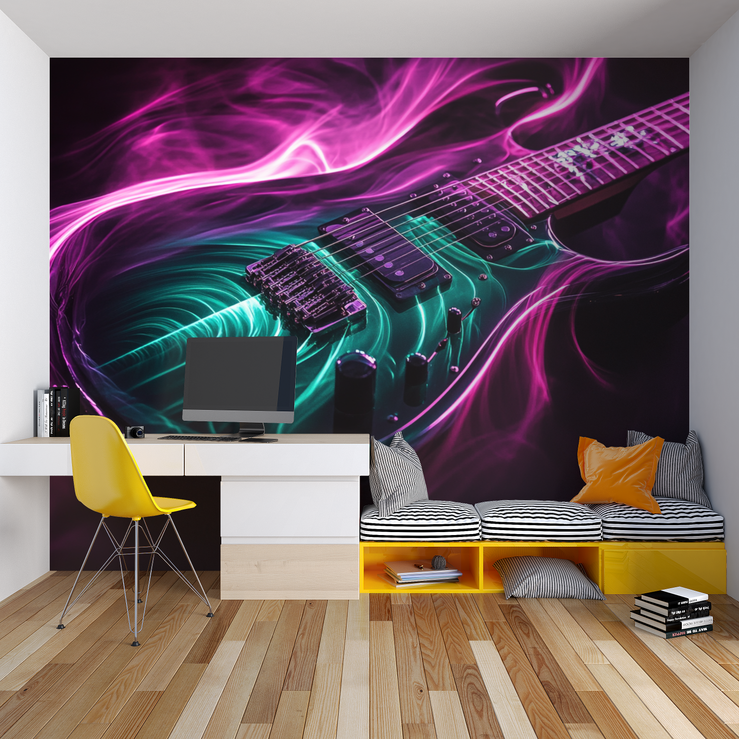 Electric guitar wall design bringing life to modern living room space