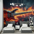 Flaming guitar mural wallpaper in modern teen bedroom with LED lighting creating dramatic effect