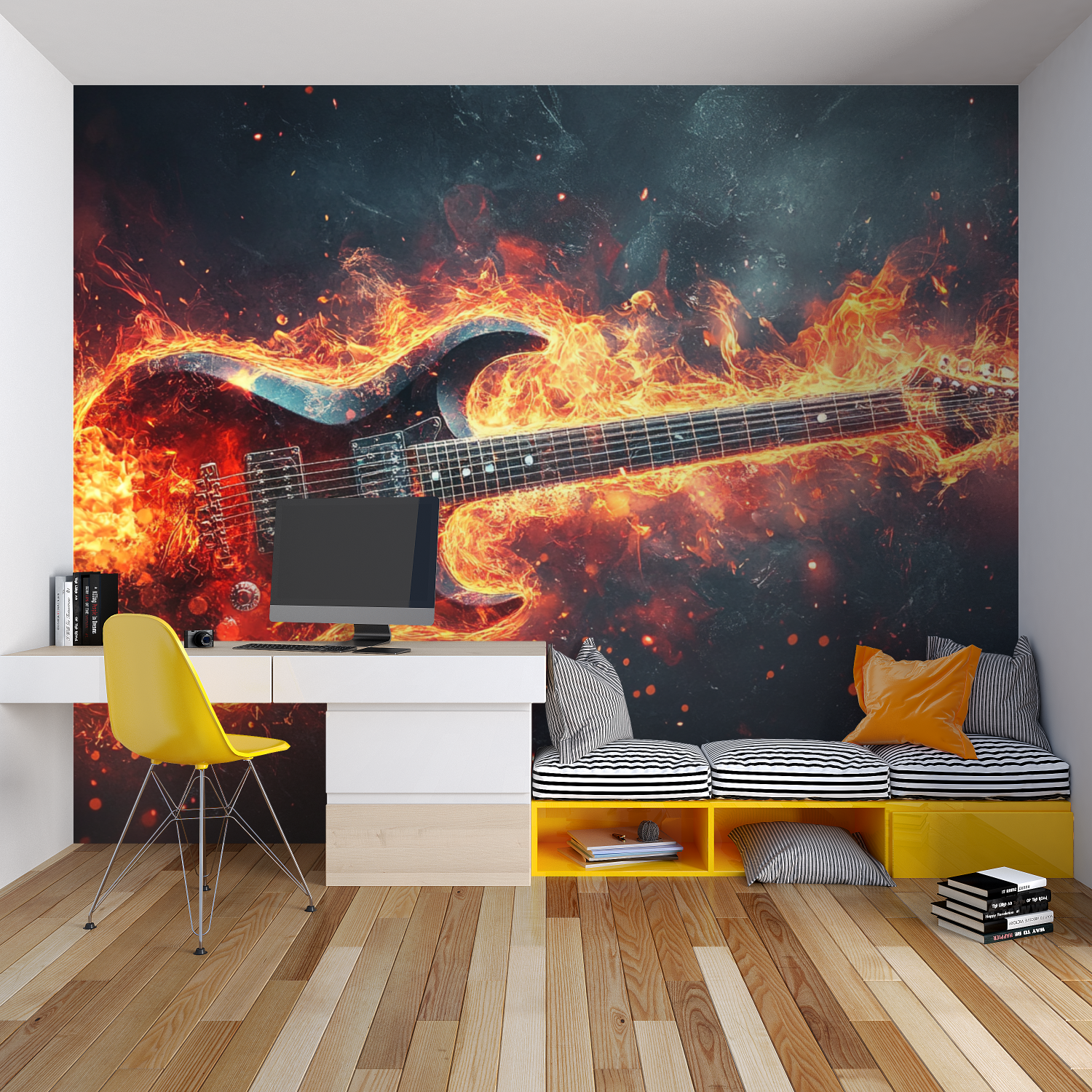 Guitar wall mural bringing energy to a basement band practice room
