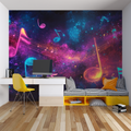 Music galaxy wallpaper with neon notes creating magic in a modern teen bedroom