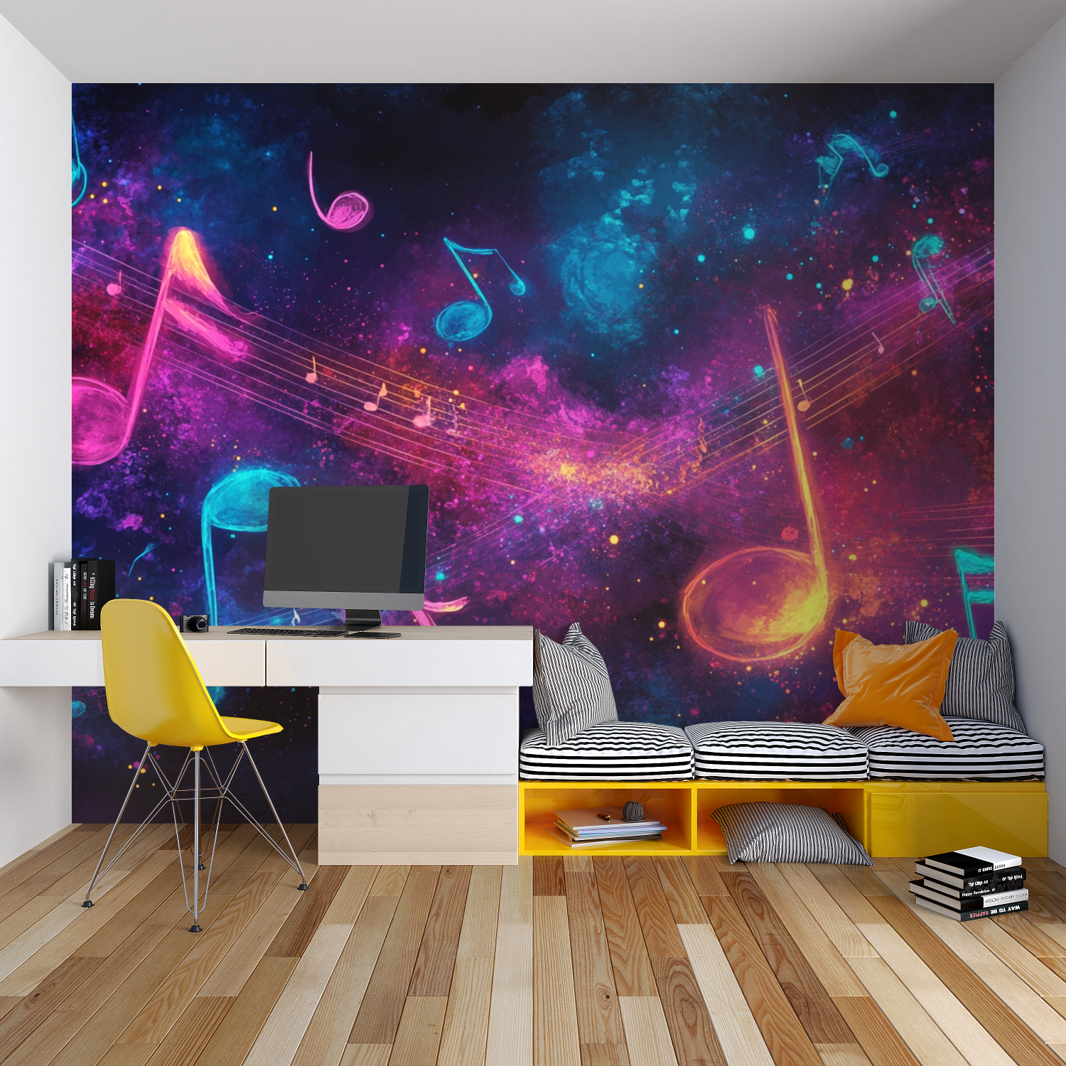 Music galaxy wallpaper with neon notes creating magic in a modern teen bedroom