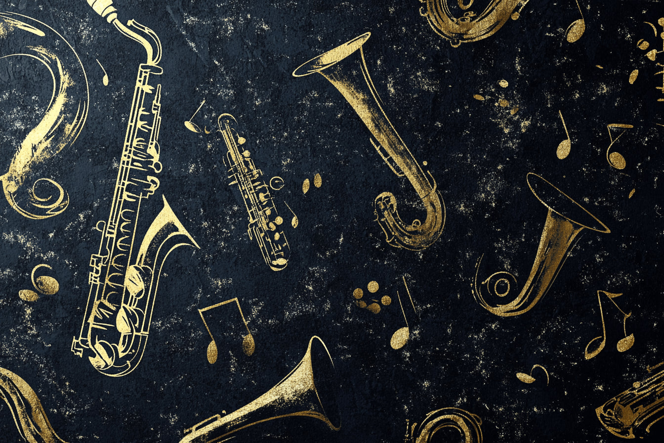 Design file showing detailed golden jazz instruments pattern on black background