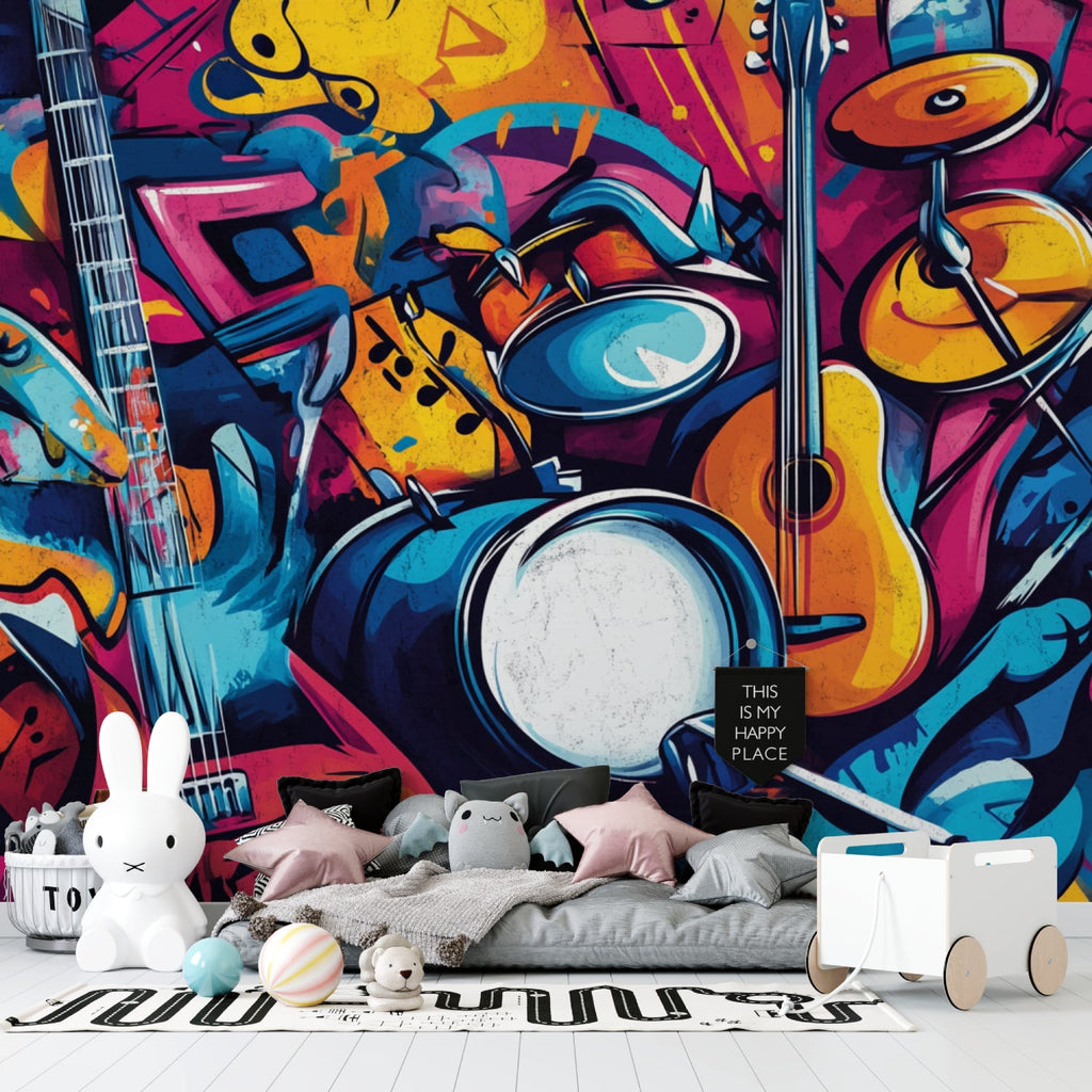 Street art music mural installed in home recording studio showing vibrant graffiti instruments