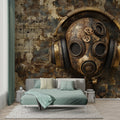 Steampunk music wallpaper in modern home office with metal desk and vintage accessories