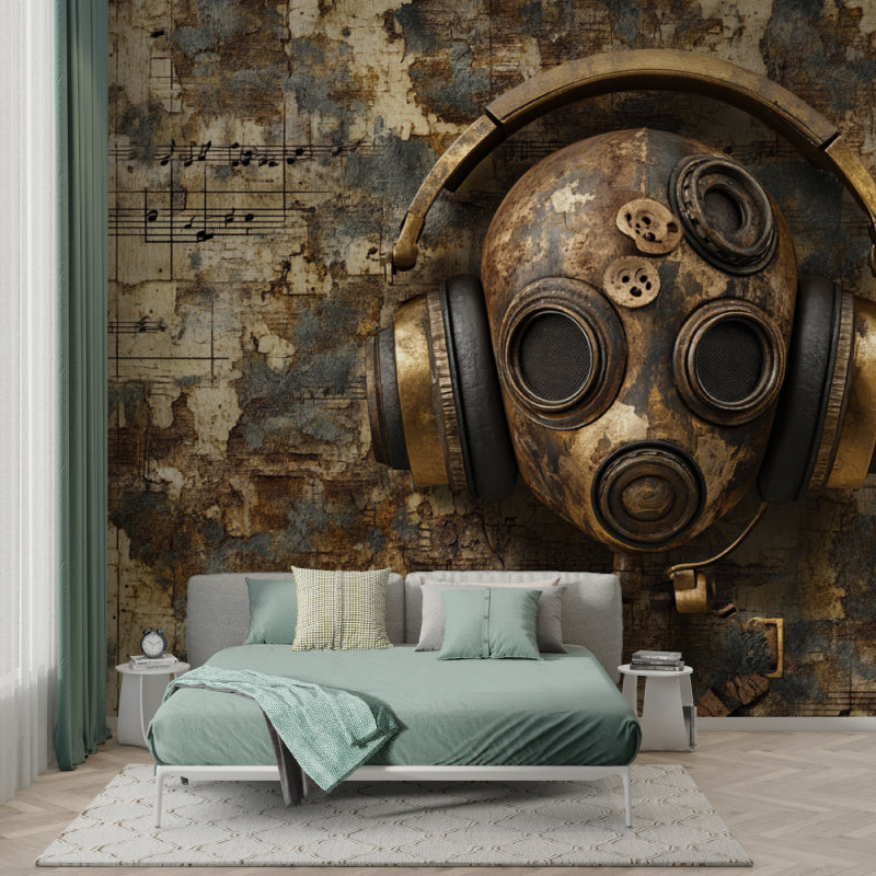 Steampunk music wallpaper in modern home office with metal desk and vintage accessories