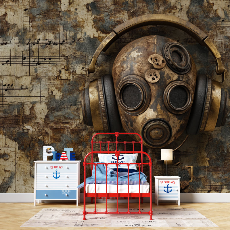 Industrial steampunk wall mural in music studio setting with instruments