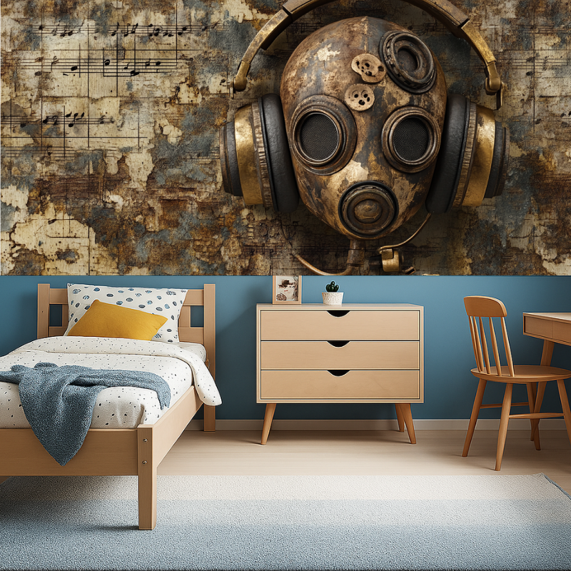 Music-themed steampunk mural in urban coffee shop interior