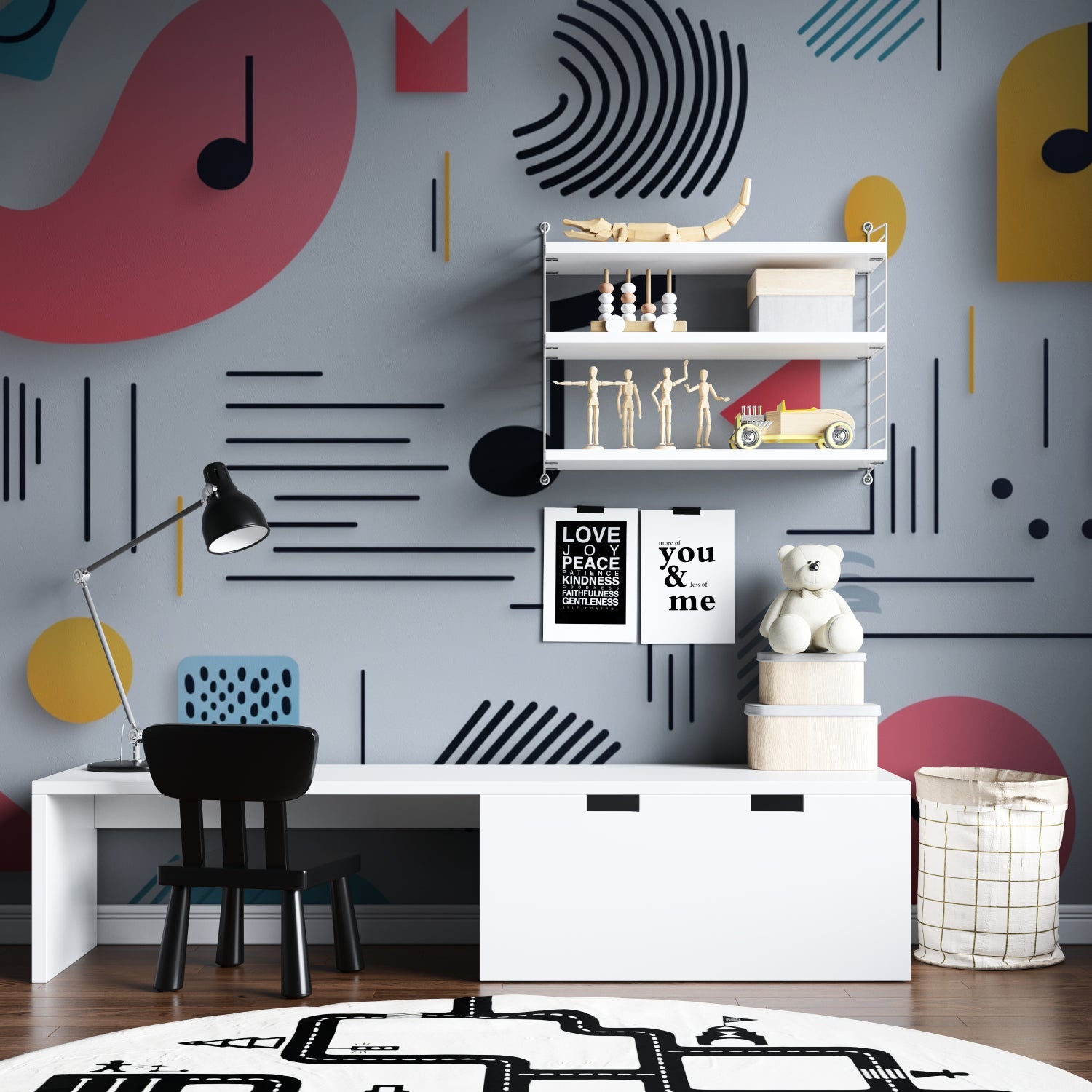 Modern music note wallpaper in bright teen bedroom showing coral and turquoise geometric pattern