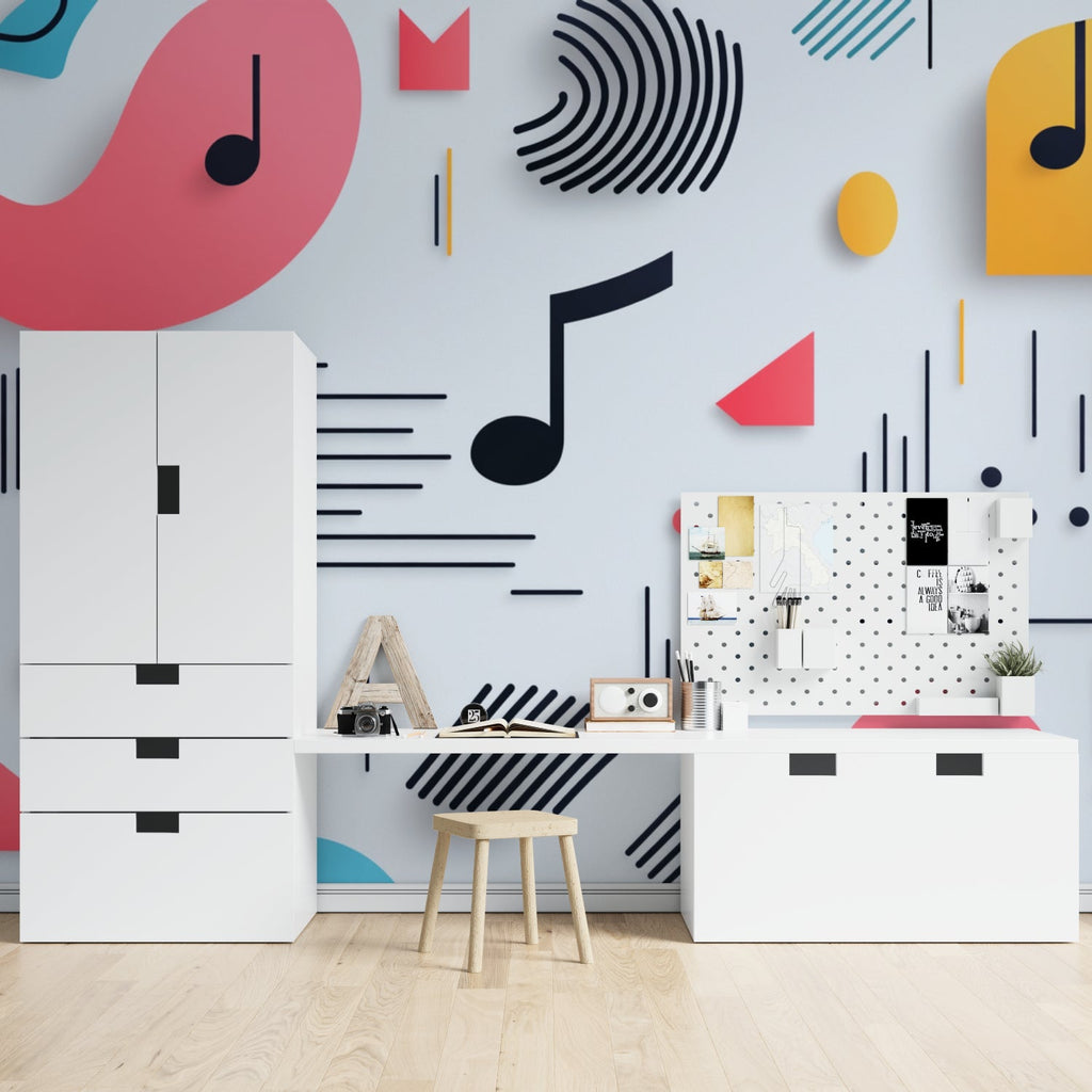 Geometric music note pattern wallpaper showcased in living room setting