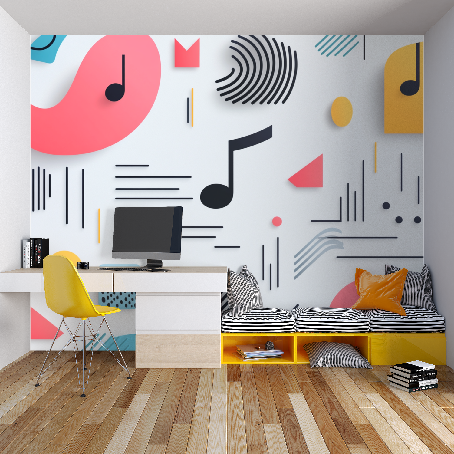 Music theme wall design adding energy to modern studio space