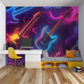 Neon guitar music wallpaper lighting up a modern teen bedroom with electric energy