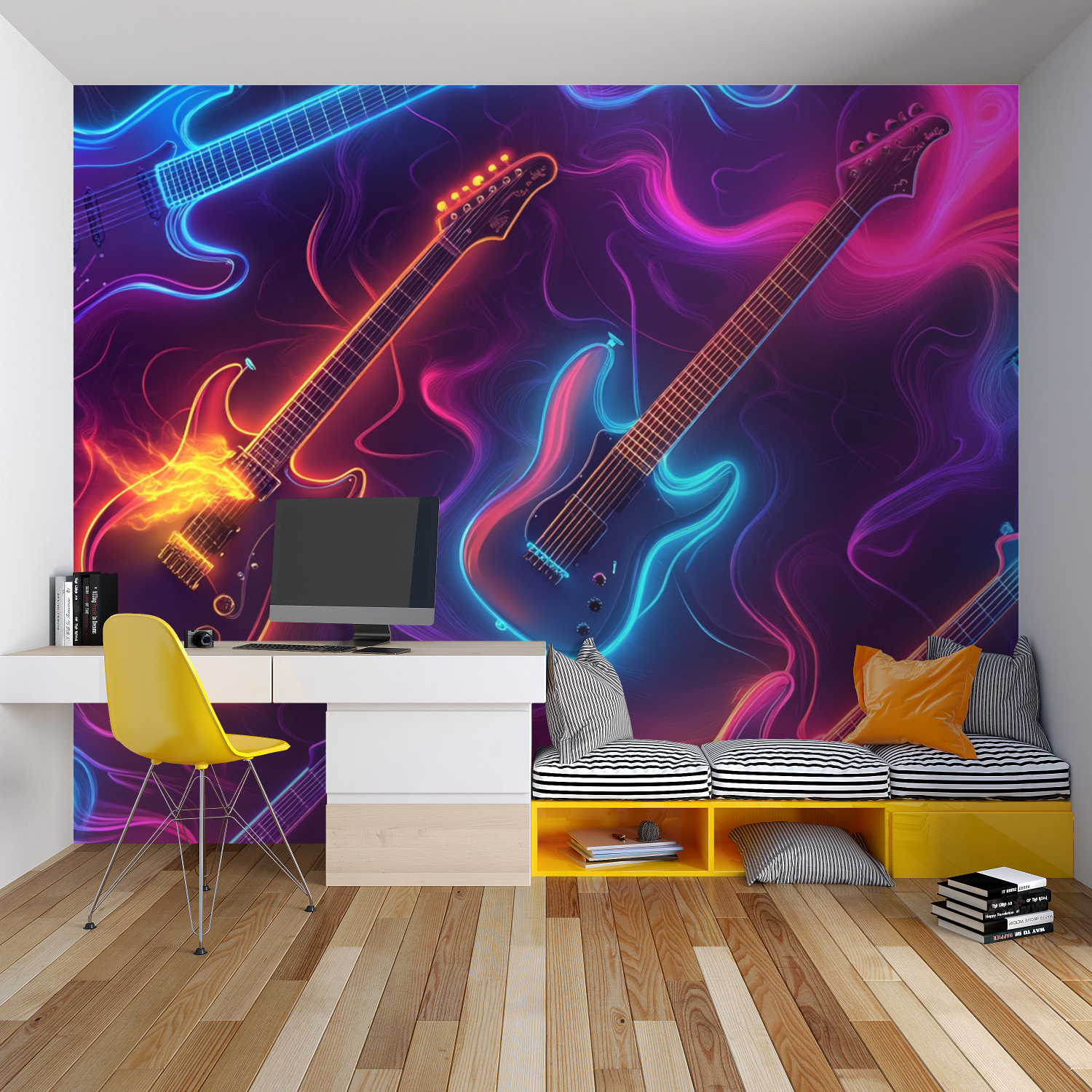 Neon guitar music wallpaper lighting up a modern teen bedroom with electric energy