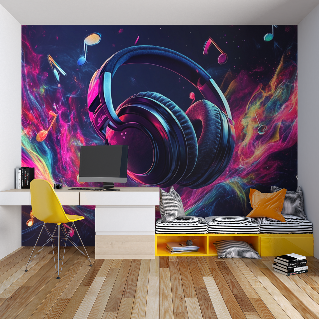 Music themed mural transforming basement entertainment room