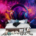 Music wallpaper with neon headphones design shown in modern teen bedroom with LED strip lights
