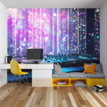 Music themed wallpaper with neon lights creating vibrant atmosphere in modern teen bedroom