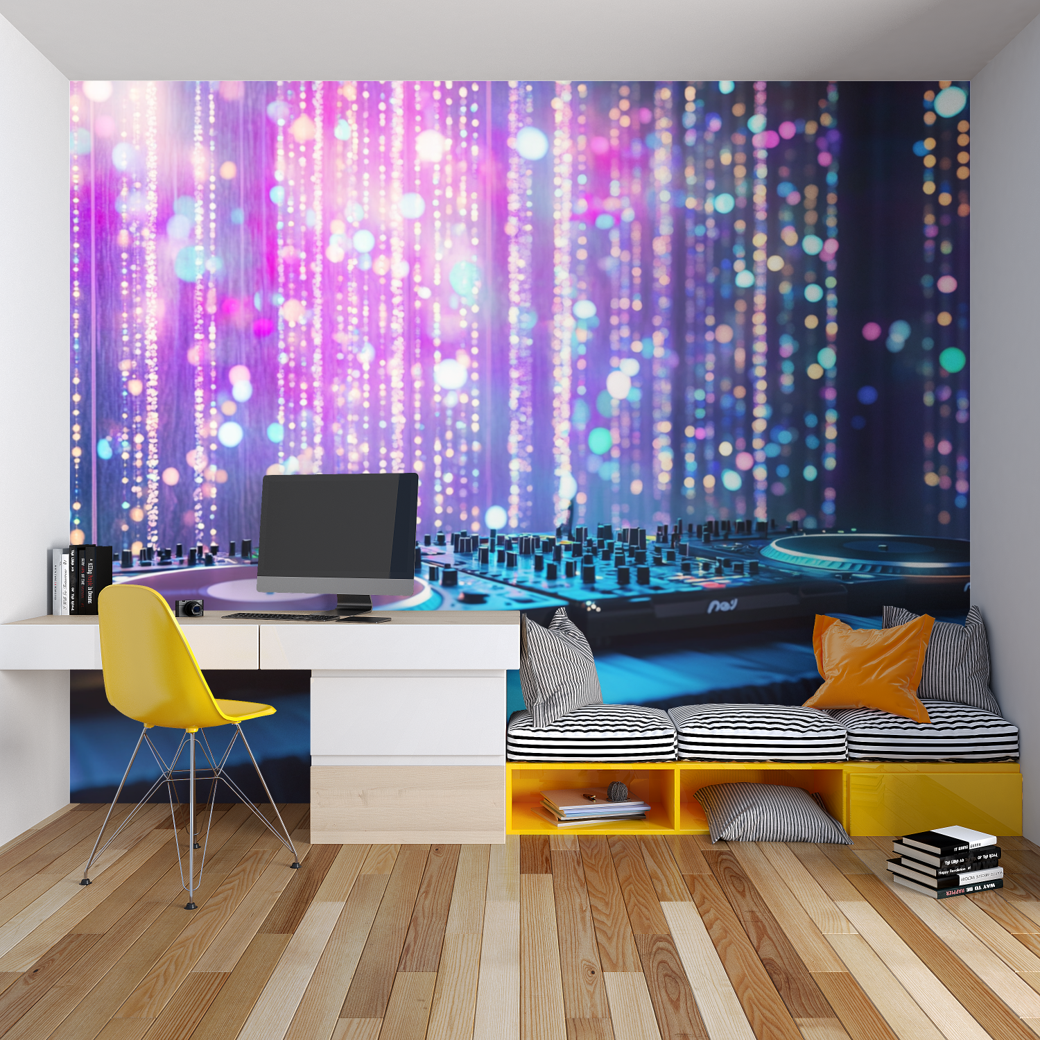 Music themed wallpaper with neon lights creating vibrant atmosphere in modern teen bedroom