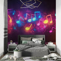 Music themed wallpaper with neon notes displayed in modern teen bedroom, creating a vibrant practice space