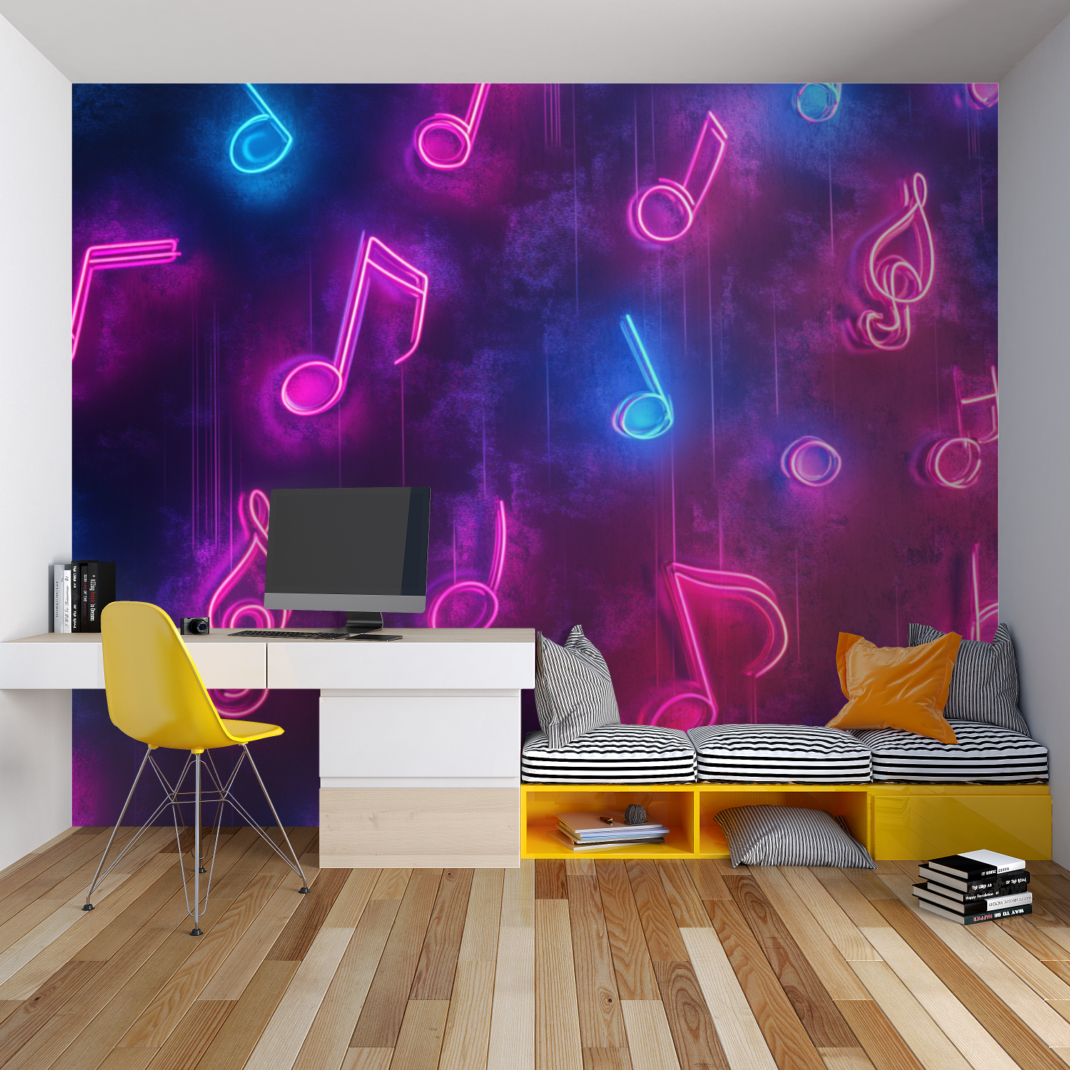 Music themed wall mural in home theater showing bright neon notes on dark galaxy background