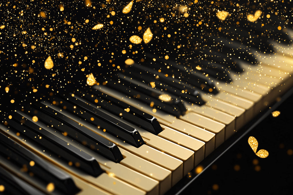 Piano keys with golden sparkles design file showing intricate pattern detail and rich black background