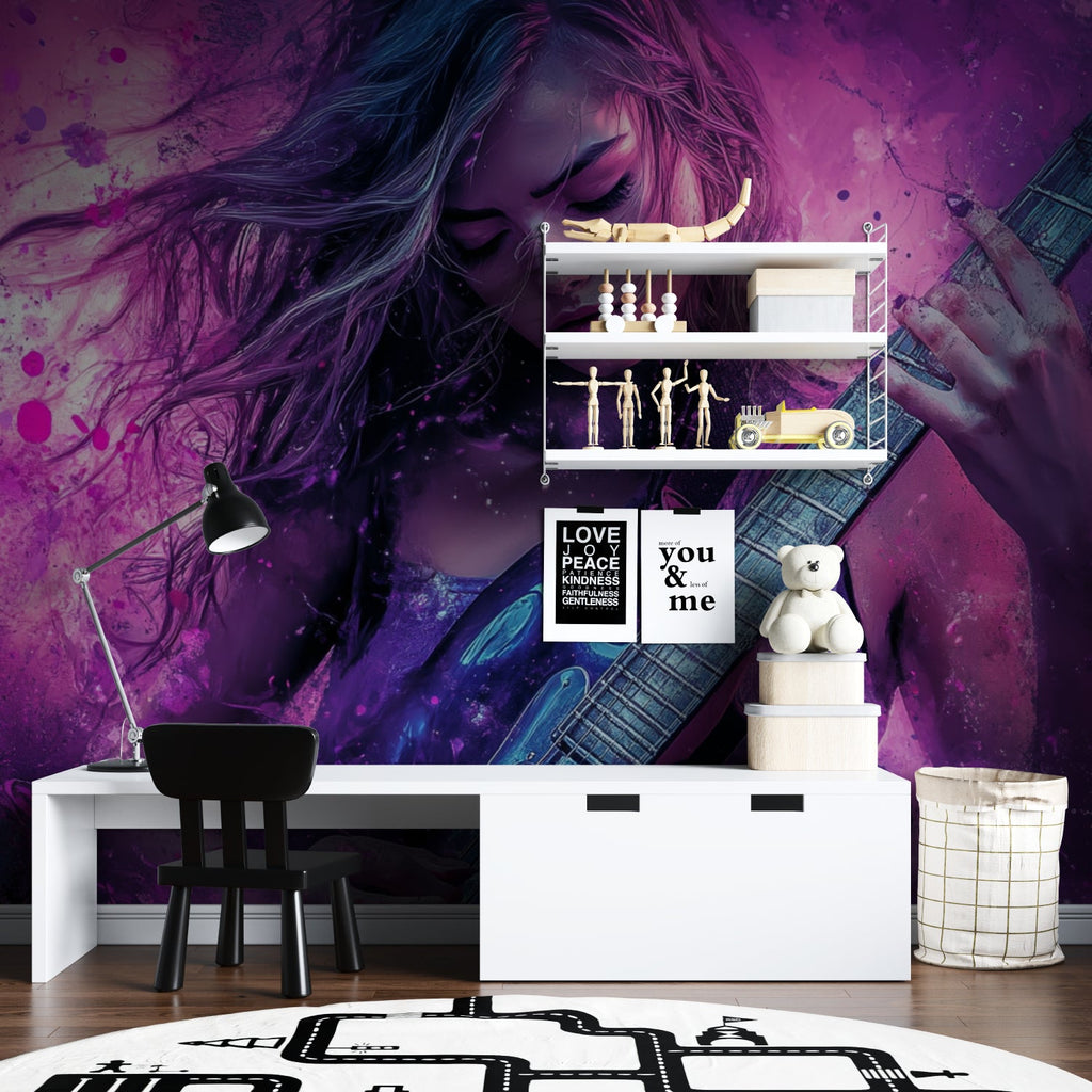 Galaxy guitar wall mural in purple creating atmosphere in living room setting