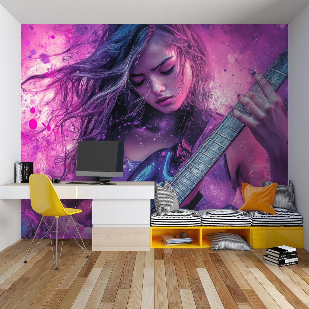 Musical art wallpaper installation in modern apartment music room