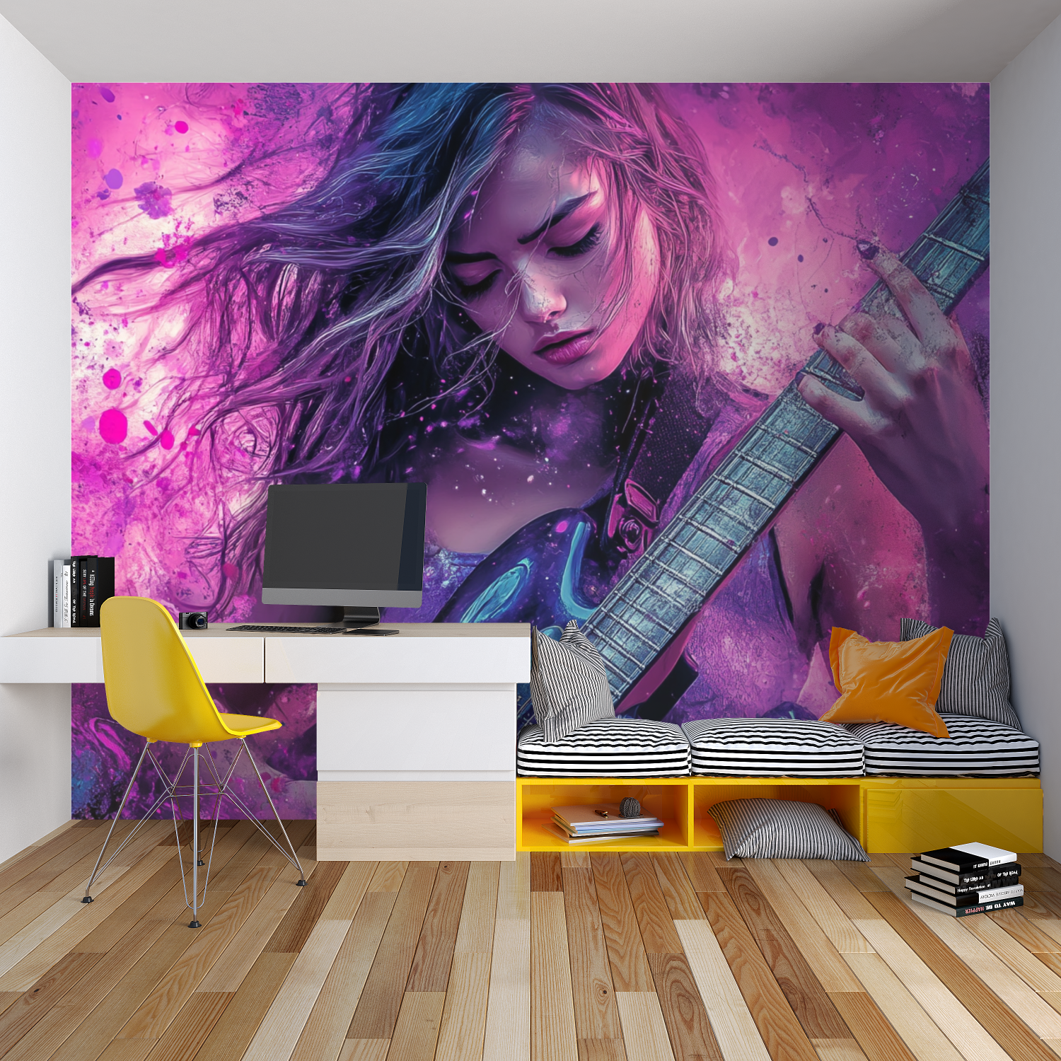 Musical art wallpaper installation in modern apartment music room