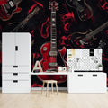 Red electric guitar Music Mural Wallpaper creating drama in modern living room with black furniture