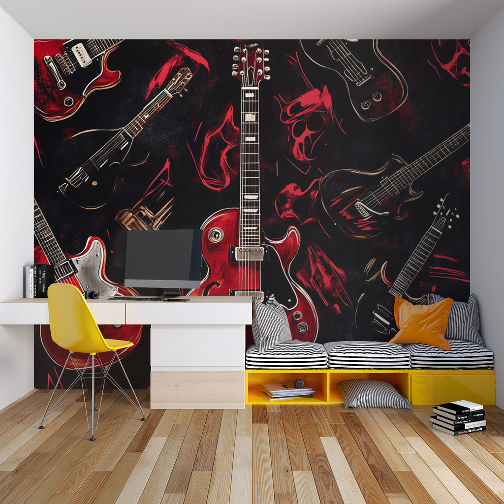 Rock and roll wallpaper featuring red guitars in entertainment room setup