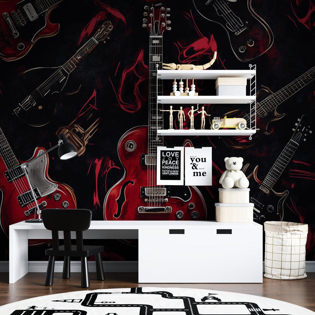 Electric guitar mural wallpaper making statement in modern game room