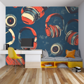 Music wallpaper with retro headphones pattern styled in modern living room with grey sofa and plants