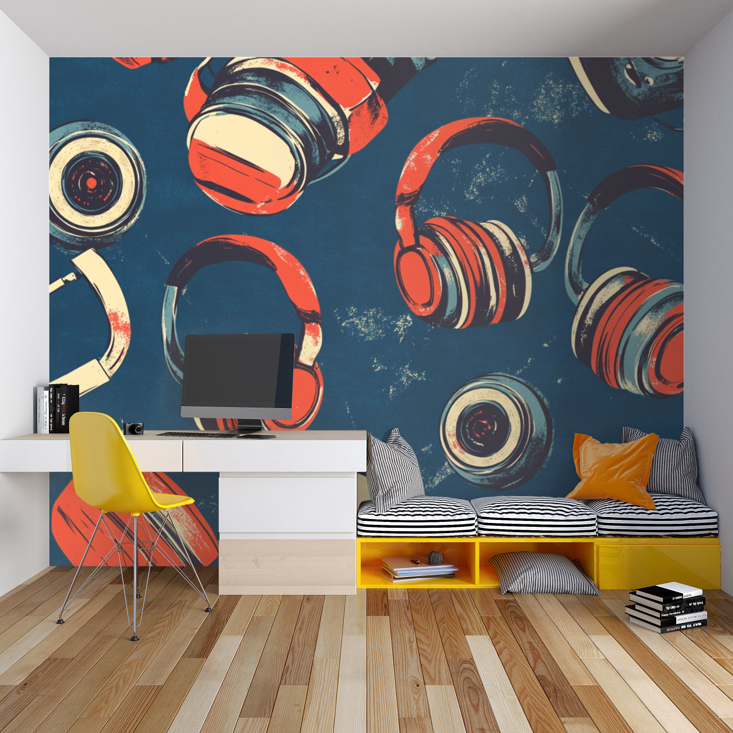 Music wallpaper with retro headphones pattern styled in modern living room with grey sofa and plants
