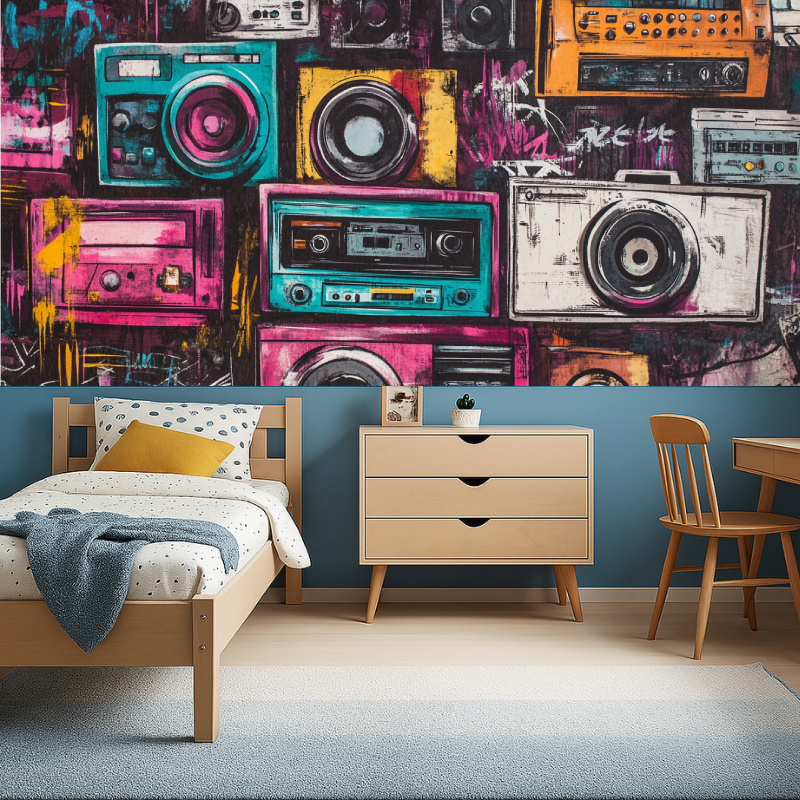 Street art wallpaper design showcased in contemporary home office