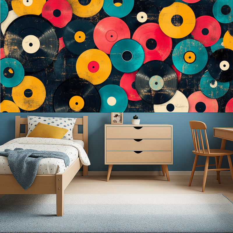 Home studio space decorated with retro vinyl records wall mural design