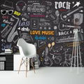 Music themed wallpaper creating a cool vibe in a modern teen bedroom, with dark chalkboard background and colorful musical elements