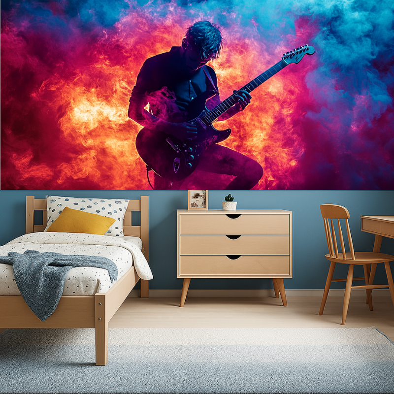 Rock guitar wallpaper design adding energy to entertainment room