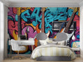 Music themed wallpaper with graffiti and guitars bringing life to a modern teen bedroom