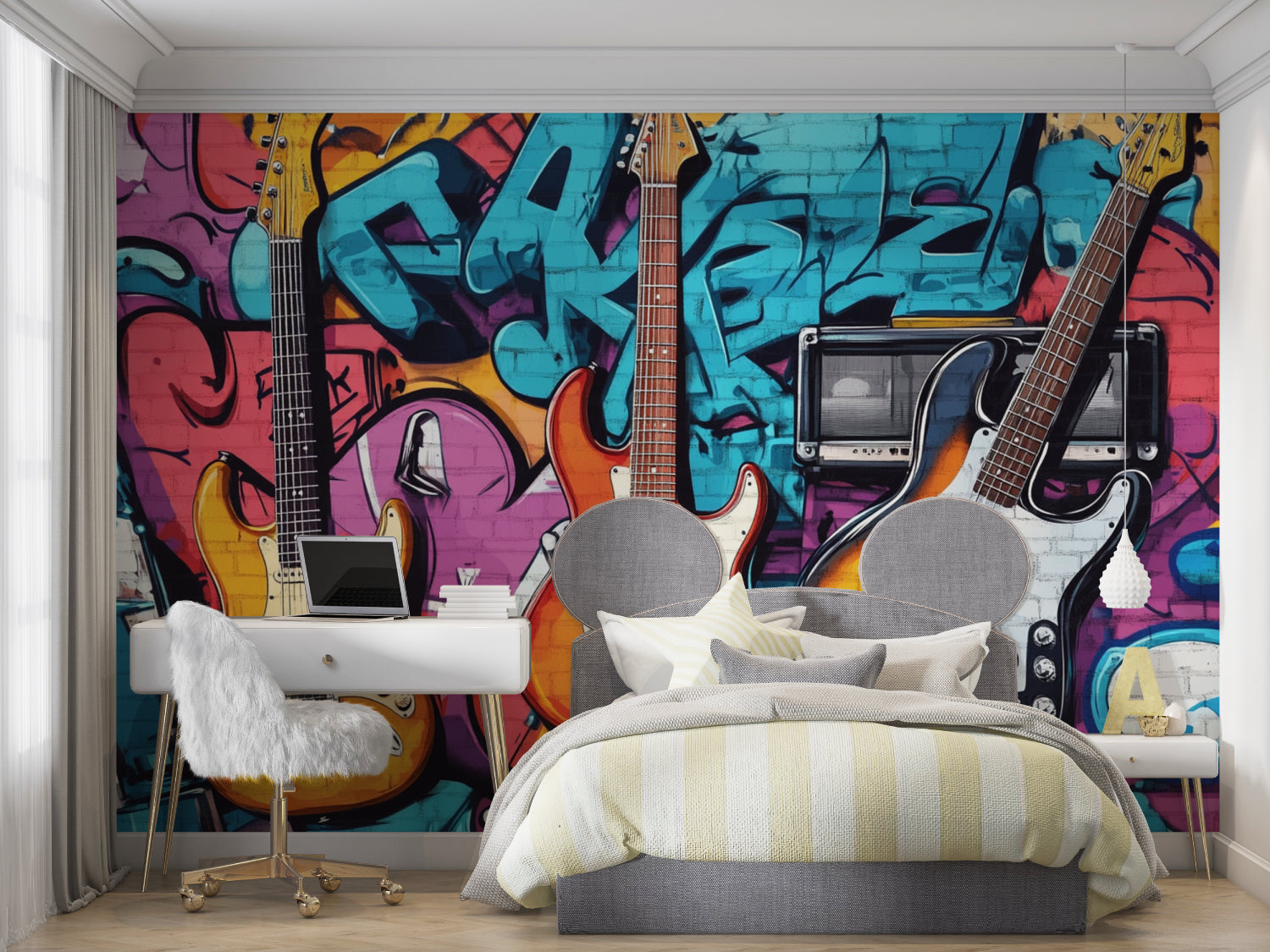 Music themed wallpaper with graffiti and guitars bringing life to a modern teen bedroom